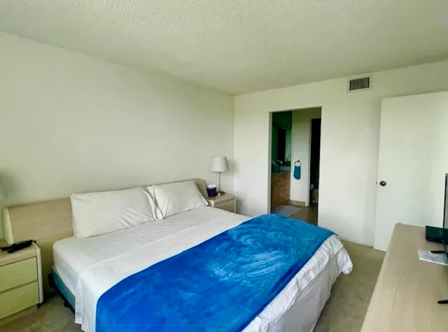 a bedroom with a bed a flat screen tv and a window