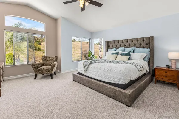 a bedroom with a bed and a couch