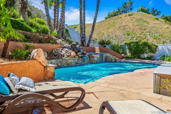 a view of backyard with swimming pool and outdoor seating