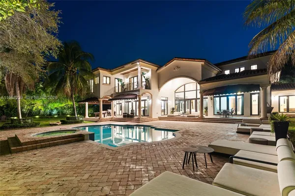 a view of a swimming pool with a yard