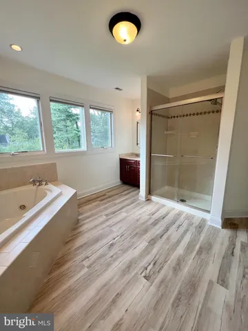 a bathroom with a tub and a shower