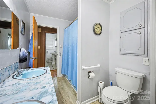 a bathroom with a granite countertop sink a toilet and a mirror