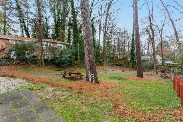 a view of a park with large trees