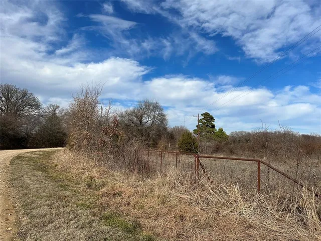 a view of a field with trees in background
