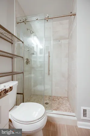 a bathroom with a shower and a toilet