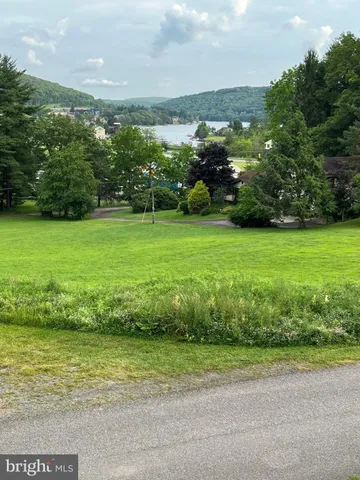 a view of a field with ocean view