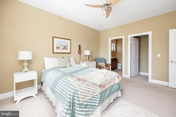 a bedroom with furniture and a ceiling fan