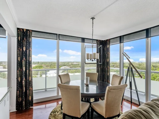 a view of a dining room with furniture window and outside view