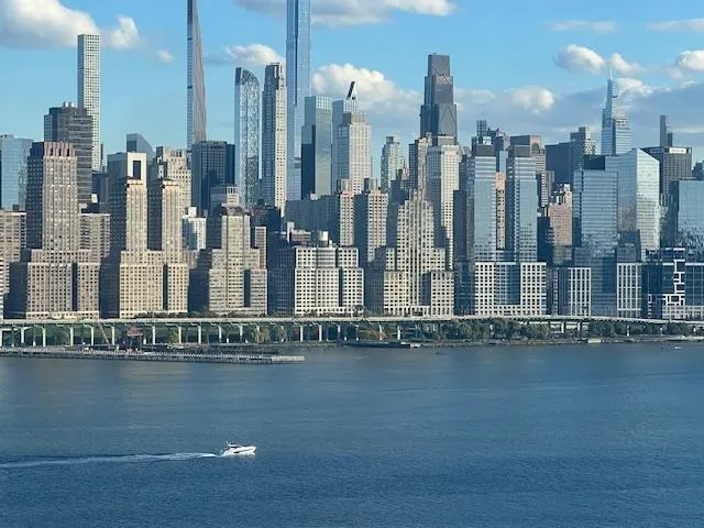 a view of a large building with a lake view