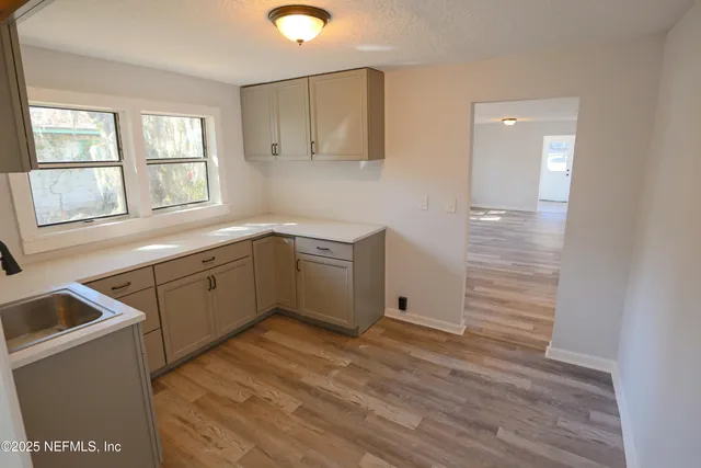 a kitchen with a sink cabinets stainless steel appliances and a window