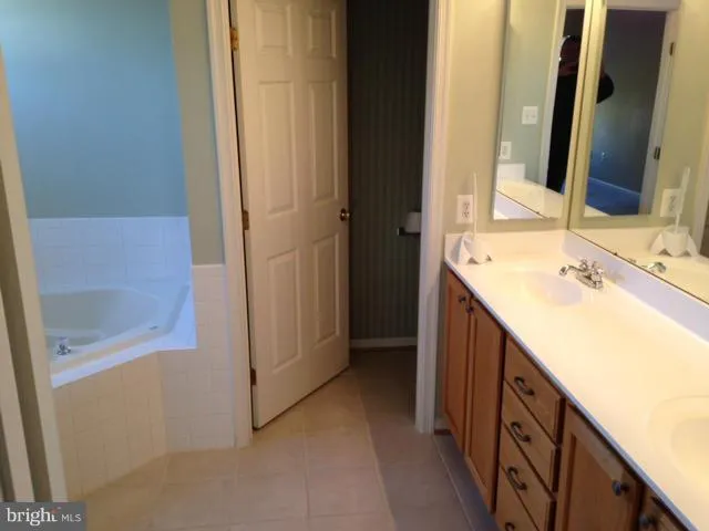 a bathroom with a double vanity sink and a mirror