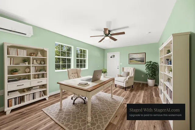 a garden view with a seating space