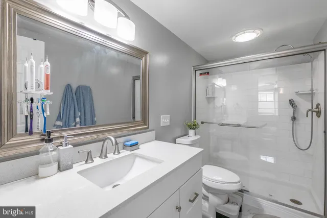 a bathroom with a sink a toilet and shower