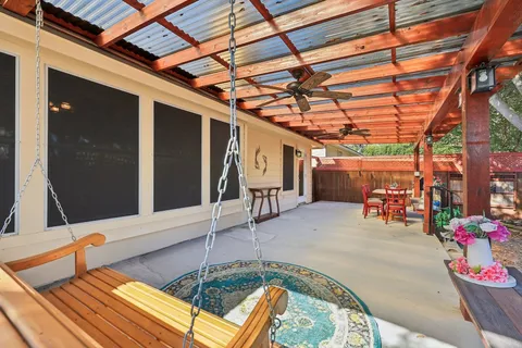 a view of a porch with a patio