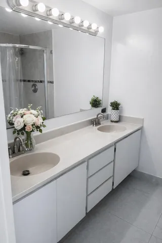 a bathroom with a sink and a mirror