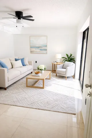 a living room with furniture and a rug