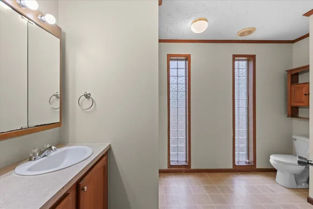 a bathroom with a sink a toilet and mirror
