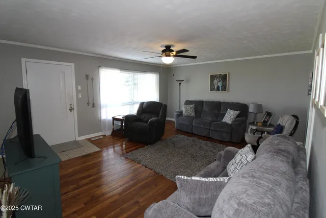 a living room with furniture a ceiling fan and a rug