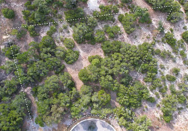 an aerial view of residential house with outdoor space and trees all around