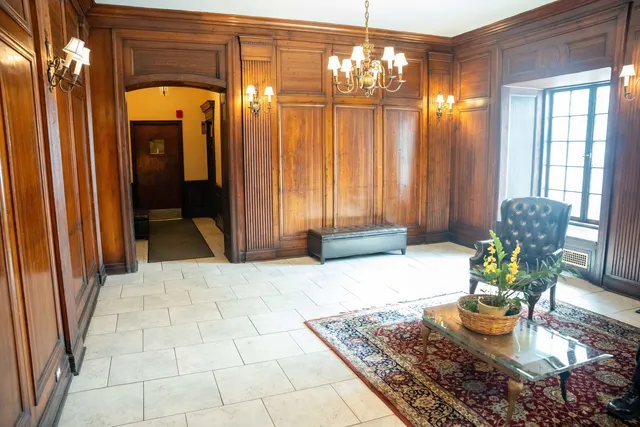 a lobby with furniture