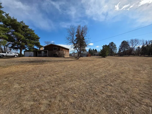 a view of a yard with a house in the background