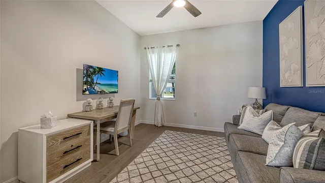 a view of a lake with a city