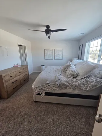 a bedroom with a bed and a window