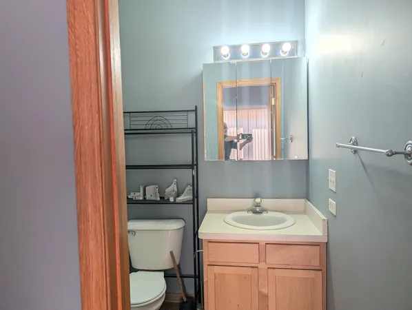 a bathroom with a sink a toilet and mirror