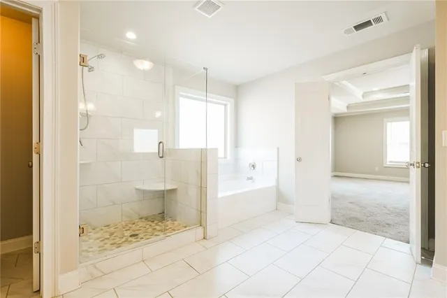 a bathroom with a bathtub and a shower