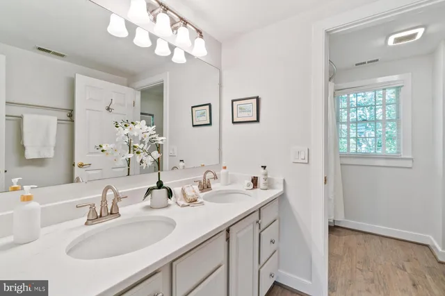 a bathroom with a sink vanity and a mirror