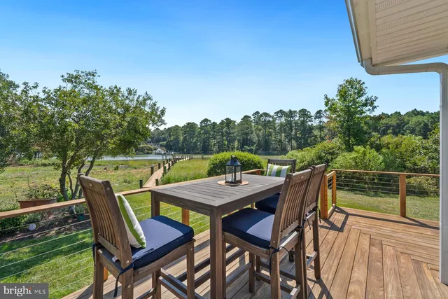 a view of deck with furniture and trees