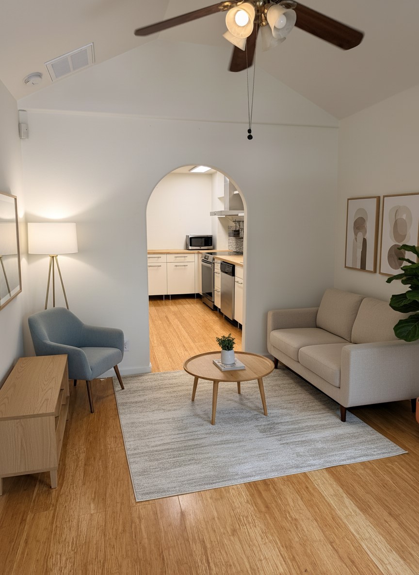 1182 Pandora Street Austin, TX 78702 - Photo 1 of 19 Virtual Staged:
An inviting living space with high ceilings flows seamlessly into a well-appointed kitchen through an elegant archway.