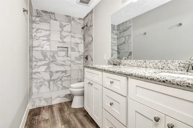 a bathroom with a granite countertop toilet sink and a shower