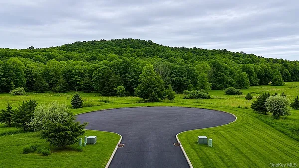 a view of a golf ground with huge green field and trees in the background