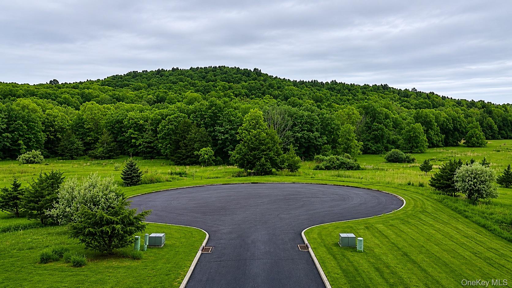 a view of a golf ground with huge green field and trees in the background