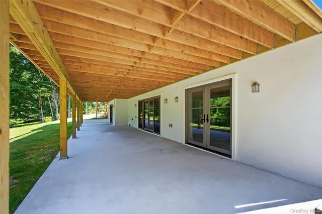 a view of a porch with garden