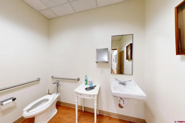 a bathroom with a toilet a sink and mirror
