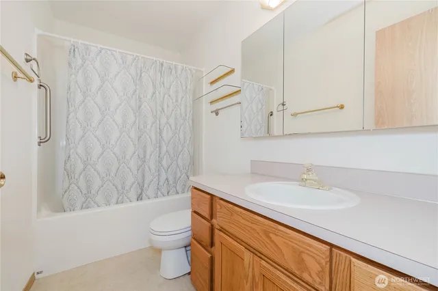 a bathroom with a sink a toilet and shower curtain