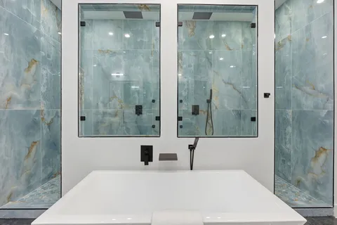 a bathroom with a shower