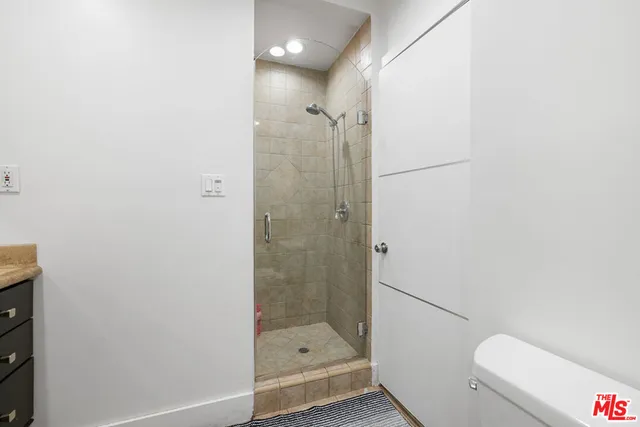 a bathroom with a shower and a toilet
