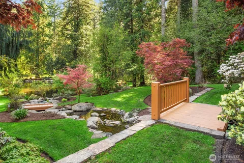 a view of backyard with a table and chairs and a large tree