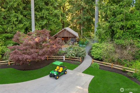 a garden view with a seating space