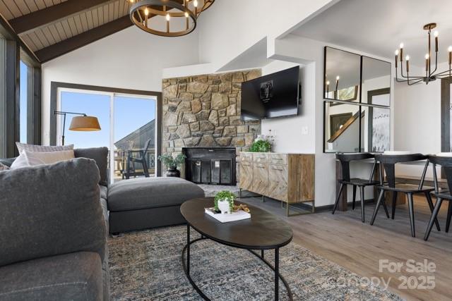 105 Beechtop Road Beech Mountain, NC 28604 - Photo 21 of 42 a living room with furniture a fireplace and a flat screen tv