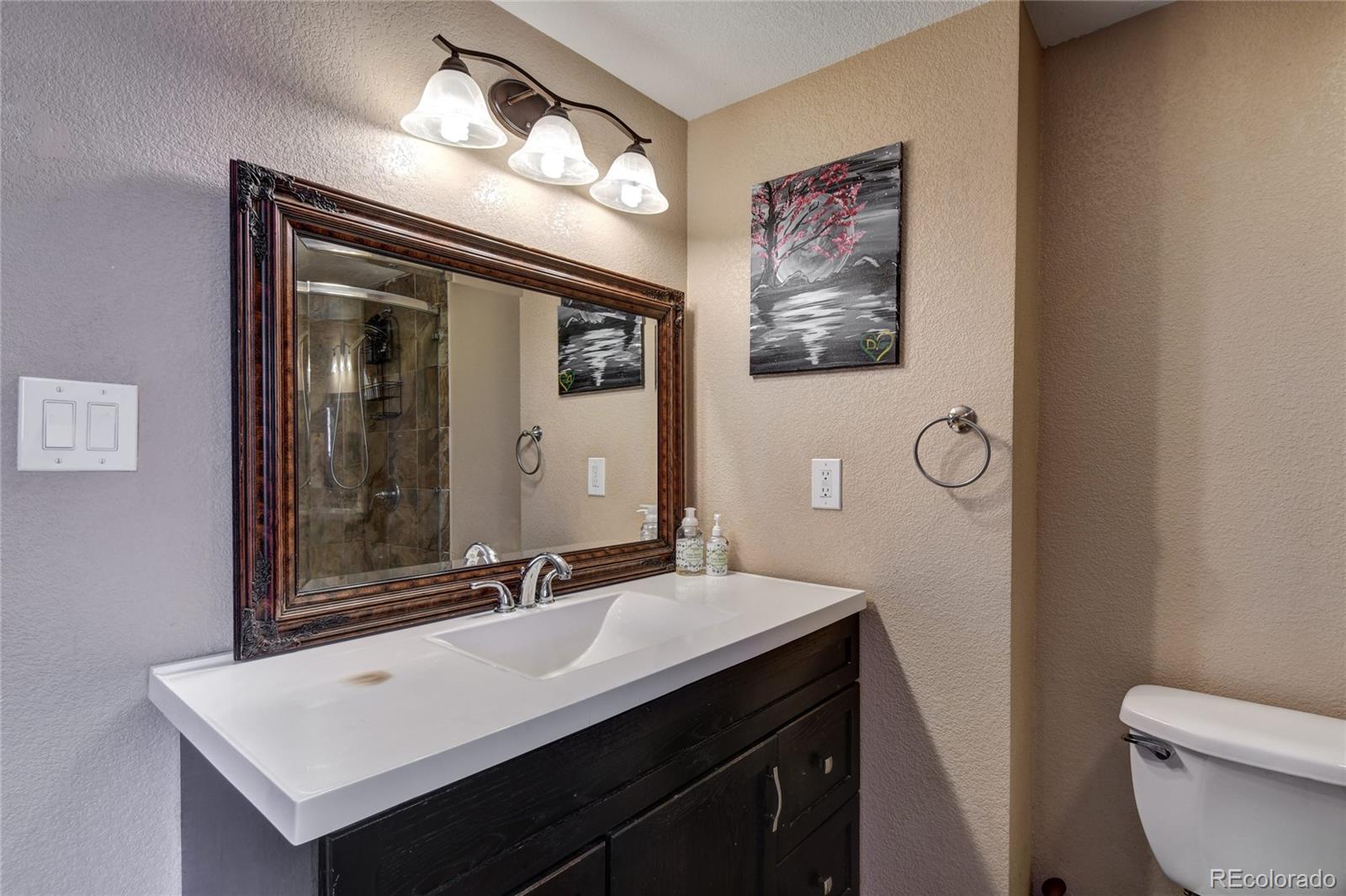 820 South Denver Avenue Fort Lupton, CO 80621 - Photo 10 of 40 a bathroom with a toilet sink and mirror