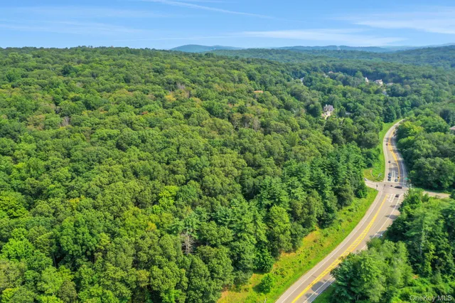 an aerial view of a houses with a lush green hillside