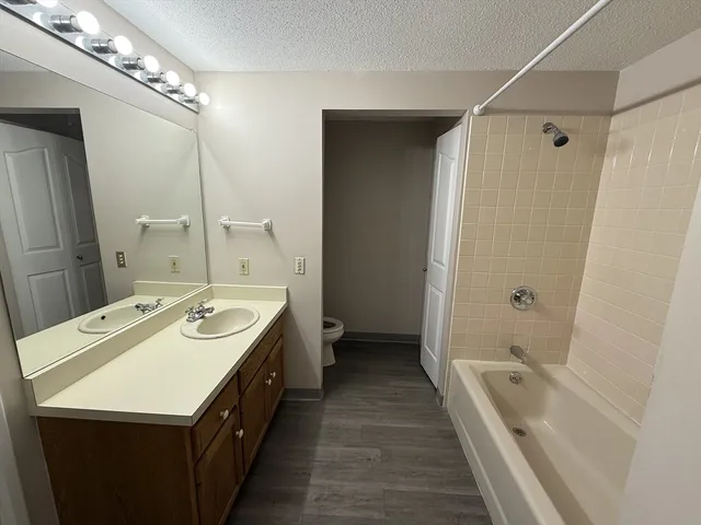 a bathroom with a double vanity sink mirror double and bathtub