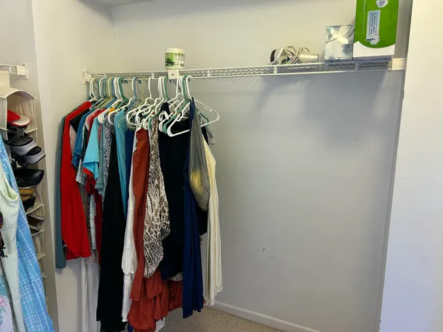 a view of walk in closet with clothes and shoes