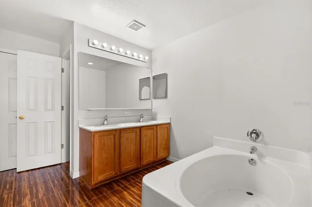 a bathroom with a sink and a large mirror