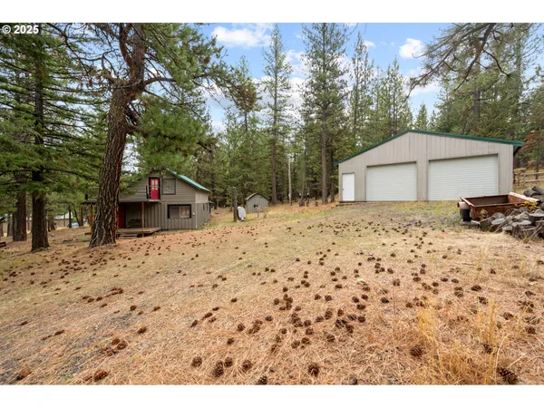 a view of wooden house with a snow and trees