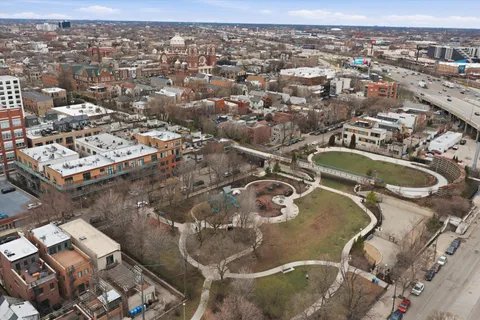 an aerial view of a swimming pool